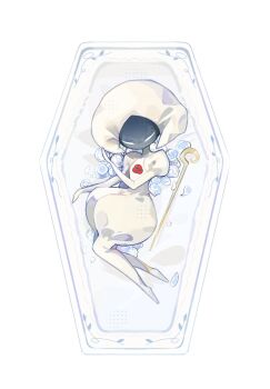 1girl arthropod_girl black_skin closed_eyes coffin colored_skin commentary flower full_body hashtag-only_commentary hollow_knight hollow_knight:_silksong lace_(hollow_knight) long_sleeves lying pin_(hollow_knight) puffy_sleeves ruizi_06 white_flower