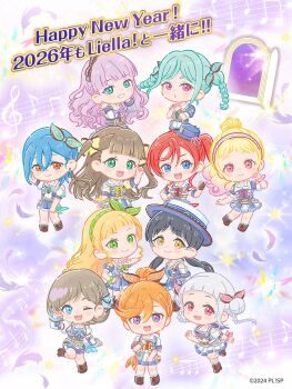 2026 6+girls aqua_eyes aqua_hair arashi_chisato artist_request black_gloves black_hair black_shoes blonde_hair blue_eyes blue_hair blush braid brown_hair chibi commentary_request dress full_body gloves green_eyes hair_bun happy_new_year hazuki_ren heanna_sumire highres long_hair looking_at_viewer love_live! love_live!_superstar!! multiple_girls musical_note new_year official_alternate_costume official_art one_eye_closed onitsuka_natsumi open_mouth orange_hair purple_eyes purple_hair red_eyes red_hair sakurakoji_kinako shibuya_kanon shoes short_hair siblings single_side_bun sisters standing tang_keke teeth twin_braids wakana_shiki white_hair window yoneme_mei
