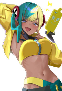 1girl aqua_hair arm_behind_head armpits bandeau black_mask blonde_hair blue_eyes blush breasts canari_(pokemon) center-flap_bangs criss-cross_straps dark_skin gen_4_pokemon highres jacket large_breasts lightning_bolt_symbol long_sleeves looking_at_viewer mask mask_pull mega_stone mouth_mask multicolored_hair navel nintendo open_mouth pants pokemon pokemon_(creature) pokemon_legends:_z-a presenting_armpit rotom rotom_phone setta_shu short_twintails simple_background smile split-color_hair sports_bra stomach twintails two-tone_hair two-tone_mask two-tone_pants upper_body white_background yellow_bandeau yellow_jacket yellow_mask yellow_sports_bra