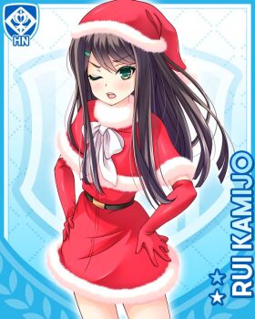 Rule 34 | 1girl, black hair, blue background, bow, card (medium), character name, dress, elbow gloves, girlfriend (kari), gloves, green eyes, hair ornament, hairpin, hands on own hips, hat, kamijo rui, long hair, looking at viewer, miniskirt, official art, one eye closed, qp:flapper, red gloves, red hat, santa costume, santa dress, santa hat, short dress, skirt, solo, standing, thighs, v-shaped eyebrows, white bow