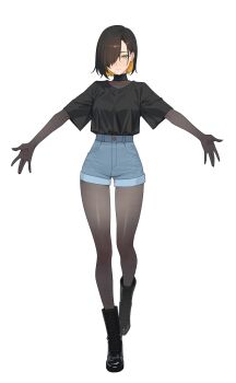 Rule 34 | 1girl, absurdres, black bodystocking, black boots, black hair, black shirt, boots, bright pupils, character request, closed mouth, colored inner hair, commentary, copyright request, denim, denim shorts, english commentary, hair over one eye, highres, hug invitation, kuso otoko, long bangs, looking at viewer, mole, mole under mouth, multicolored hair, one eye covered, outstretched arms, shirt, shirt tucked in, short hair, short shorts, short sleeves, shorts, simple background, solo, spread arms, standing, t-shirt, white background, white pupils, yellow eyes