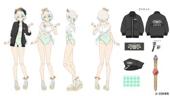 1girl absurdres anklet ass black_hat black_jacket bracelet braid brown_sandals casual_one-piece_swimsuit cecilia_immergreen cecilia_immergreen_(holonatsu_paradise) closed_mouth clothing_cutout colored_inner_hair commentary copyright_notice dice_gt doll doll_joints double-parted_bangs english_commentary frilled_one-piece_swimsuit frills full_body gears green_eyes green_hair green_one-piece_swimsuit grey_hair hair_between_eyes hair_ornament hand_up hat highres hololive hololive_english jacket jewelry joints multicolored_hair multicolored_swimsuit multiple_views navel navel_cutout off-shoulder_shirt off_shoulder official_alternate_costume official_art one-piece_swimsuit peaked_cap police_hat sandals second-party_source shirt short_hair side_braid simple_background single_braid smile streaked_hair swimsuit swimsuit_under_clothes turnaround virtual_youtuber watch white_background white_one-piece_swimsuit white_shirt winding_key wristwatch