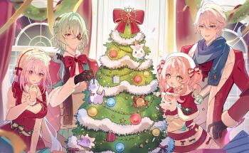 2boys 2girls anaxa_(honkai:_star_rail) black_gloves blue_eyes castorice_(honkai:_star_rail) christmas christmas_ornaments christmas_tree dress eyepatch gloves green_eyes highres holding holding_stuffed_toy honkai:_star_rail honkai_(series) hyacine_(honkai:_star_rail) long_sleeves multiple_boys multiple_girls open_mouth phainon_(honkai:_star_rail) pino_(pino2452) purple_eyes scarf short_twintails stuffed_animal stuffed_toy twintails white_hair