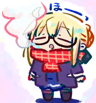 1girl :o artoria_pendragon_(fate) black-framed_eyewear black_shoes blonde_hair blue_shirt blue_skirt braid breath chibi closed_eyes commentary_request fate/grand_order fate_(series) full_body glasses hair_between_eyes hair_bun jacket kasuga_yuuki mysterious_heroine_x_alter_(fate) open_clothes open_jacket parted_lips purple_jacket red_scarf scarf semi-rimless_eyewear shirt shoes skirt solo standing translation_request under-rim_eyewear