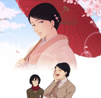 2girls aged_down black_eyes black_hair brown_jacket cherry_blossoms commentary facial_scar flashback green_jacket hair_between_eyes hanpetos jacket japanese_clothes kimono kiyomi_azumabito mature_female mikasa_ackerman multiple_girls oil-paper_umbrella open_mouth petals pink_kimono red_scarf scar scar_on_cheek scar_on_face scarf shingeki_no_kyojin short_hair smile sparkle survey_corps_(emblem) umbrella wrinkled_skin