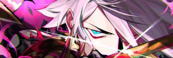 1boy black_gloves blue_eyes close-up commentary eyeliner fate/grand_order fate_(series) glint gloves hair_over_one_eye karna_(fate) looking_at_viewer makeup male_focus miroku_(butuzo33) red_eyeliner short_hair solo white_hair