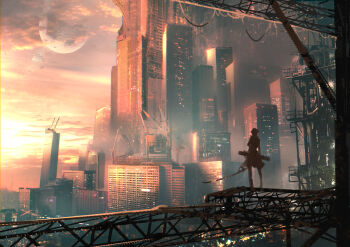 1other absurdres ambiguous_gender blood bloody_weapon building city city_lights cloud cloudy_sky commentary_request crane_(machine) evening highres holding holding_weapon moon original outdoors scaffolding silhouette sky skyscraper spoon_jygnk standing weapon wide_shot