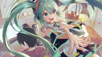 1boy 1girl absurdres alarm_clock applying_manicure aqua_eyes aqua_hair aqua_nails aqua_necktie aqua_trim black_hair black_skirt black_sleeves clock collared_shirt detached_sleeves grey_shirt hair_between_eyes hair_ornament hatsune_miku headset highres indoors kairono3jou long_hair long_sleeves master_(vocaloid) miku_day miniskirt nail_polish necktie pleated_skirt shirt short_hair skirt sleeveless sleeveless_shirt twintails very_long_hair vocaloid wide_sleeves