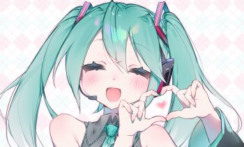 1girl aqua_hair aqua_nails aqua_necktie aqua_trim blush closed_eyes collared_shirt commentary_request detached_sleeves fingernails four-finger_heart_hands grey_shirt hair_between_eyes hair_ornament hatsune_miku headset heart heart_hands highres long_hair long_sleeves looking_at_viewer nail_polish necktie nose_blush open_mouth shirt smile solo twintails upper_body very_long_hair vocaloid wide_sleeves yuruiruka