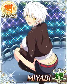 Rule 34 | 1girl, :d, black skirt, boots, border, breasts, butt crack, card (medium), character name, christmas lights, cropped jacket, from behind, game cg, hands on own knees, high heel boots, high heels, jacket, large breasts, looking at viewer, looking back, miyabi (senran kagura), official art, open clothes, open jacket, open mouth, orange jacket, outdoors, panties, panty peek, ribbed sweater, senran kagura, senran kagura new wave, short hair, skirt, slit pupils, smile, snowing, solo, squatting, sweater, third-party source, underwear, white hair, white sweater, yellow eyes, yellow panties