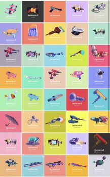 .52_gal_(splatoon) .96_gal_(splatoon) aerospray_(splatoon) alternate_color ballpoint_splatling_(splatoon) bloblobber_(splatoon) bow bucket commentary_request copyright_name dapple_dualies_(splatoon) dread_wringer_(splatoon) dualie_squelchers_(splatoon) dynamo_roller_(splatoon) e-liter_4k_(splatoon) english_text gatling_gun gun highres hydra_splatling_(splatoon) illust_syati inkbrush_(splatoon) jet_squelcher_(splatoon) luna_blaster_(splatoon) multicolored_background n-zap_(splatoon) nautilus_(splatoon) nintendo no_humans octobrush_(splatoon) painbrush_(splatoon) paint_roller paintbrush range_blaster_(splatoon) reef-lux_450_(splatoon) rifle sniper_rifle splash-o-matic_(splatoon) splat_charger_(splatoon) splatana_stamper_(splatoon) splatana_wiper_(splatoon) splatoon_(series) splatoon_3 splattershot_(splatoon) splattershot_jr._(splatoon) sploosh-o-matic_(splatoon) squiffer_(splatoon) sword tetra_dualies_(splatoon) too_many_weapons tri-slosher_(splatoon) umbrella undercover_brella_(splatoon) weapon weapon_focus weapon_name