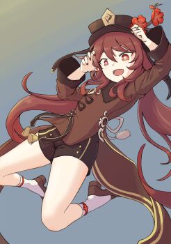 +_+ 1girl black_hat black_shoes brown_hair brown_jacket brown_shorts flower genshin_impact hair_flower hair_ornament hat highres hu_tao_(genshin_impact) jacket looking_at_viewer nail_polish nasol open_mouth red_eyes red_nails shoes shorts smile solo