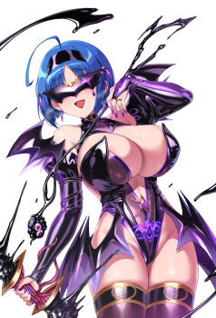 Rule 34 | 1girl, ahoge, bat wings, black hairband, black leotard, black wings, breasts, commentary request, dark persona, detached sleeves, earrings, eye mask, hairband, highres, holding, holding wand, jewelry, kaitou tenshi twin angel, kannazuki aoi, large breasts, leotard, long sleeves, looking at viewer, mask, medium hair, moon, open mouth, pink eyes, pubic tattoo, pubic tattoo through clothing, purple background, purple nails, purple thighhighs, ring, satou kuuki, simple background, slime (substance), smile, solo, standing, tattoo, thighhighs, twin angel, wand, white background, wings
