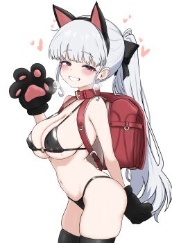 Rule 34 | 1girl, absurdres, animal ears, animal hands, backpack, bag, bikini, black bikini, black thighhighs, breasts, collar, commentary request, commission, fake animal ears, gloves, highres, large breasts, long hair, looking at viewer, oldsickkim, original, paw gloves, ponytail, randoseru, smile, solo, swimsuit, thighhighs, white background