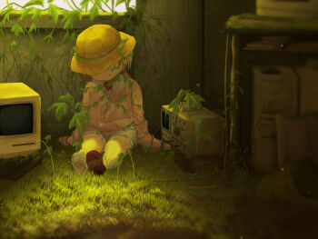 1girl bare_shoulders blurry blurry_foreground closed_mouth commentary_request computer computer_tower crt detached_sleeves dress grass hat head_tilt highres indoors ne_an_ito on_grass pink_dress pink_sleeves plant red_shoes right_shoe_removed shoes sidelighting single_shoe sitting solo torn_clothes torn_dress tsukuyomi_ai voiceroid yellow_hat