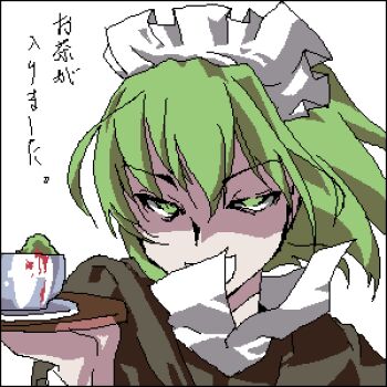 1girl blood close-up cup evil_grin evil_smile female_focus futaba_channel green_eyes green_hair grin iya_maid lowres maid maid_headdress marimo matching_hair/eyes nijiura_maids oekaki original short_hair simple_background smile solo teacup tray white_background
