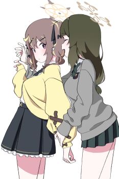 2girls black_bow black_skirt blonde_hair blue_archive bow brown_hair brown_halo cardigan closed_mouth from_side green_hair green_skirt hair_bow halo highres holding_another&#039;s_wrist long_hair long_sleeves miyamura_(mymr06) multicolored_hair multiple_girls open_mouth rena_(blue_archive) simple_background skirt smile streaked_hair tsumugi_(blue_archive) white_background yellow_cardigan yellow_halo