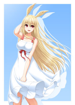 1girl :d alternate_costume arm_behind_head blonde_hair blue_background border bow breasts commentary_request dress dress_bow fate/grand_order fate_(series) head_wings highres kiryuu_makoto large_breasts light_blush long_hair looking_at_viewer open_mouth red_bow red_eyes sleeveless sleeveless_dress smile solo sundress thrud_(fate) valkyrie_(fate) very_long_hair white_border white_dress wings