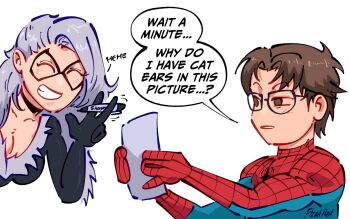 1boy animal_print black_cat_(marvel) blue_bodysuit bodysuit breasts cleavage english_text eye_mask grey_hair highres marker marvel mask peter_parker pizza990 print_bodysuit short_hair smile speech_bubble spider-man spider-man_(original_suit) spider-man_(series) spider_print spider_web_print superhero_costume