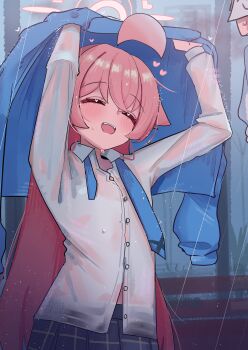 1girl absurdres ahoge blue_archive blue_jacket blue_necktie blue_skirt blush closed_eyes commentary crossed_bangs hair_between_eyes halo high_(hgih) highres holding holding_jacket holding_unworn_clothes hoshino_(blue_archive) jacket long_hair necktie open_mouth pink_hair pink_halo plaid_clothes plaid_skirt rain shirt sidelocks skirt solo undone_necktie unworn_jacket wet wet_clothes wet_shirt white_shirt