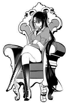 Rule 34 | 1girl, boots, breasts, chair, commentary request, crossed legs, full body, gloves, greyscale, hair between eyes, higaragi, highres, jacket, juliet sleeves, kantai collection, knee boots, long hair, long sleeves, looking at viewer, monochrome, nachi (kancolle), nachi kai ni (kancolle), puffy sleeves, side ponytail, simple background, sitting, solo, very long hair