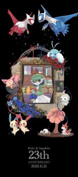 absurdres anniversary azurill black_background blue_flower blue_rose castform claws colored_skin dated deoxys deoxys_(defense) dragon dress duskull flower gardevoir gen_3_pokemon gorebyss grey_skin groudon highres hiiragishiyu huntail jirachi kyogre latias latios legendary_pokemon minun mudkip multicolored_skin mythical_pokemon nincada nintendo pink_fur plusle pokemon pokemon_(creature) pokemon_rse rayquaza red_eyes red_flower red_rose rose sharpedo skitty smile sparkle swablu torchic treecko two-tone_fur two-tone_skin white_dress white_skin wurmple wynaut yellow_eyes yellow_fur