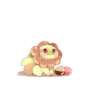 Rule 34 | absurdres, blush, cat, closed mouth, commentary request, donut, food, food-themed hat, highres, looking up, mixed-language commentary, nintendo, no humans, nut (food), pink eyes, pokemon, pokemon (creature), shadow, simple background, sitting, smile, solo, sprigatito, yupo 0322