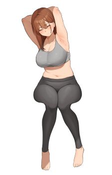 1girl absurdres armpits barefoot black_pants breasts brown_hair cleavage closed_eyes closed_mouth commentary_request full_body grey_sports_bra highres large_breasts medium_hair midriff mole mole_on_armpit navel ol-chan_(udon) original pants plump short_hair sitting sports_bra sweat udon_(udonalium) yoga_pants