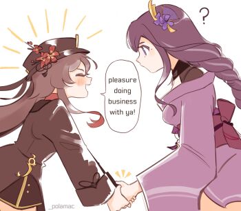 2girls ? artist_name back_bow blunt_bangs blush bow braid brown_hair closed_eyes commentary confused english_commentary english_text excited fan_hair_ornament flower_ornament formal_clothes friends from_side genshin_impact hair_between_eyes hair_ornament happy hat highres holding_hands hu_tao_(genshin_impact) japanese_clothes kimono leaning_forward long_braid long_hair long_sleeves looking_down mac_(polamac) mole mole_under_eye multicolored_hair multiple_girls neck_ribbon no_mouth off_shoulder open_mouth purple_eyes purple_hair purple_kimono raiden_shogun red_ribbon red_sash ribbon sash shorts single_braid speech_bubble standing streaked_hair suit twintails upper_body white_background wide_sleeves