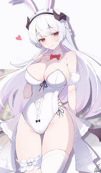 1girl absurdres animal_ear_hairband animal_ears arm_behind_back arm_garter bare_shoulders black_hairband black_horns blush bow bowtie braid breasts cleavage closed_mouth commentary criss-cross_strings fake_animal_ears frilled_thigh_strap groin hairband hand_up head_tilt heart heart_o-ring highres horns large_breasts leotard long_hair mole mole_on_thigh o-ring pisuke_(user_kcmh2774) playboy_bunny rabbit_ears red_bow red_bowtie red_eyes single_thighhigh small_horns solo standing stella_sora strapless strapless_leotard thigh_strap thighhighs thighs twin_braids very_long_hair virigia_(stella_sora) white_background white_hair white_leotard white_thighhighs white_wrist_cuffs wrist_cuffs