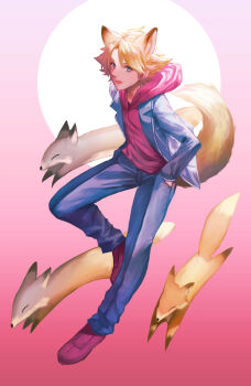 1boy animal animal_ears cardfight!!_vanguard commentary_request fox fox_boy fox_ears fox_tail full_body hands_in_pockets highres hood hoodie jacket male_focus miwa_taishi pants purple_hoodie short_hair tail torikawa_(tori1002)