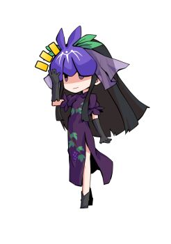 Rule 34 | 1girl, black gloves, black hair, chibi, chibi only, china dress, chinese clothes, commentary request, dairi, dress, food print, fruit print, full body, gloves, hand up, large variant set, long hair, long sidelocks, puffy short sleeves, puffy sleeves, purple dress, purple eyes, short sleeves, sidelocks, simple background, solo, tachi-e, touhou, transparent background, variant set, vine print, yomotsu hisami