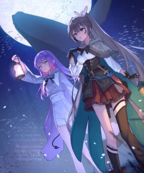 Rule 34 | 2girls, asymmetrical legwear, black bow, black bowtie, bow, bowtie, brown cape, brown capelet, brown corset, brown eyes, brown hair, brown thighhighs, cape, capelet, corset, cropped shirt, crossed bangs, demon tail, feather hair ornament, feathers, from below, full moon, gloves, green eyes, hair ornament, hairclip, high-waist shorts, highres, holding, holding lantern, hololive, hololive english, hood, hood down, hooded cape, kneehighs, lantern, long hair, looking ahead, moon, multiple girls, mumei (song) (hololive), nanashi mumei, nanashi mumei (1st costume), night, outdoors, partially fingerless gloves, pleated skirt, pointy ears, purple hair, red skirt, shorts, single kneehigh, single sock, single thighhigh, skirt, socks, split ponytail, standing, tail, thighhighs, tokoyami towa, two-sided capelet, very long hair, virtual youtuber, whale, xyunx