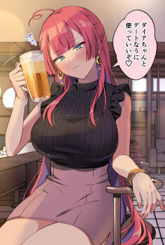 1girl ahoge alcohol beer blunt_bangs bombergirl bracelet breasts character_request earrings green_eyes highres jewelry large_breasts long_hair long_sidelocks looking_at_viewer mahjong_fight_girl riku_(melty_drop) sidelocks skirt sleeveless speech_bubble sweater very_long_hair