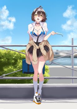 Rule 34 | 1girl, absurdres, ahoge, arm behind back, azur lane, bag, baltimore (after-school ace) (azur lane), baltimore (azur lane), bikini, bikini under clothes, black choker, black necktie, black skirt, blue bikini, blue sky, blush, braid, breasts, brown hair, cardigan, cardigan around waist, choker, cleavage, clothes around waist, cloud, collarbone, collared shirt, commentary, day, food, french braid, full body, hair between eyes, highres, holding, holding bag, holding food, holding popsicle, kneehighs, large breasts, looking at viewer, loose necktie, melting, necktie, official alternate costume, open mouth, outdoors, partially unbuttoned, pleated skirt, popsicle, school bag, school uniform, see-through clothes, see-through shirt, sexually suggestive, shadow, shirt, shoes, short hair, short sleeves, sidelocks, skirt, sky, sneakers, socks, solo, standing, suggestive fluid, sweat, swimsuit, td (tandeom97), teeth, tongue, tongue out, upper teeth only, wet, wet clothes, wet shirt, white shirt, white shoes, white socks, yellow eyes