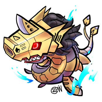 android armor artist_request black_hair cannon chibi claws clenched_teeth digimon digimon_(creature) fangs full_armor full_body highres horn looking_at_viewer machine mecha metalseadramon multiple_tails no_humans open_mouth red_eyes robot sharp_teeth simple_background solo tail teeth wire