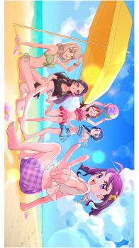 5girls aokaze_nana applying_sunscreen ball bare_arms bare_legs bare_shoulders beach beachball bikini black_bikini black_hair blonde_hair blue_bikini blue_eyes blue_hair blunt_bangs blurry bob_cut bokeh braid breasts brown_hair cleavage cleavage_cutout clothing_cutout cloud cloudy_sky depth_of_field falling_petals flower full_body gingham_bikini green_bikini hair_ribbon hair_tie hand_on_another&#039;s_thigh hibiscus highres holding_sunscreen kengo_kumaxile kimi_to_idol_precure long_hair lotion mature_female meroron_(civilian)_(precure) meroron_(precure) midriff_peek multiple_girls ocean parasol parted_bangs petals pink_bikini pink_eyes pink_petals precure purirun_(civilian)_(precure) purirun_(precure) purple_bikini purple_eyes purple_hair ribbon sakura_uta_(precure) sand shigure_kokoro shirt side_braid single_braid sitting sky summer sunscreen swimsuit taking_picture twin_braids twintails umbrella v white_shirt