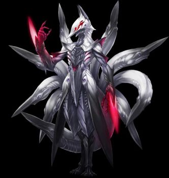 claws energy_blade fish fox_monster kitsune kyuubi markings mazeran monster multiple_heads multiple_tails natural_armor red_markings sharp_teeth tail teeth