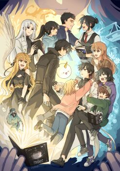 3boys 6+girls above-cleavage_cutout absurdres animal backwards_hat balance_scale baseball_cap biyoo_(omniscient_reader&#039;s_viewpoint) black_coat black_dress black_eyes black_hair blonde_hair blue_hair blue_hoodie blue_jacket blue_robe bob_cut book brown_eyes brown_hair brown_jacket clothing_cutout coat collared_shirt criteria dress everyone feathered_wings floating full_body glowing grabbing_another&#039;s_arm green_eyes green_jacket grin hair_bun hair_over_shoulder hair_ribbon han_sooyoung hat high_ponytail highres holding holding_book hood hood_down hoodie hug jacket jung_heewon kim_dokja kyrgios_rodgraim lee_gilyoung lee_hyunsung lee_jihye lee_seolhwa long_sidelocks looking_at_another mini_person miniboy multiple_boys multiple_girls necktie official_art_inset omniscient_reader&#039;s_viewpoint open_book open_clothes open_coat outstretched_arms ponytail pov reaching reaching_towards_another red_necktie ribbon robe shin_yoosung shirt shoes short_hair shoulder_cutout sidelocks smile sneakers uriel_(omniscient_reader&#039;s_viewpoint) weighing_scale white_coat white_hair white_shirt white_wings wings wrist_cuffs yoo_joonghyuk yoo_sangah