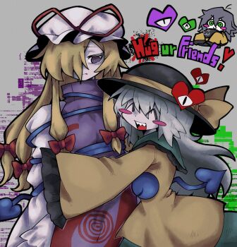 2girls black_hat blonde_hair blush_stickers bow breasts dress english_text frilled_shirt_collar frills green_eyes green_hair green_skirt grey_background hair_bow hair_over_one_eye hat hat_ribbon heart heart_of_string highres hug koishi_komeiji's_heart-throbbing_adventure komeiji_koishi long_hair long_sleeves mob_cap multiple_girls purple_eyes ribbon sharp_teeth shirt short_hair skirt smile tabard teeth third_eye touhou wide_sleeves yakumo_yukari yellow_shirt zunusama