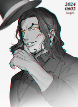 Rule 34 | 1boy, blood, blood on face, chromatic aberration, commentary request, dated, facial hair, foxvulpine, goatee, greyscale, hat, looking at viewer, male focus, mature male, monochrome, one piece, rob lucci, shirt, signature, simple background, solo, spot color, top hat, wiping blood, wiping face, yellow eyes