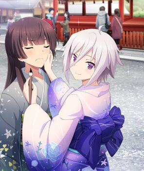 3boys 5girls ahoge blunt_ends blush brown_hair closed_eyes closed_mouth day dot_nose faceless faceless_female faceless_male fence floral_print floral_print_kimono frown game_cg green_kimono hair_between_eyes hand_on_another&#039;s_cheek hand_on_another&#039;s_face holding holding_paintbrush itomi_sayaka japanese_clothes juujou_hiyori kimono long_hair looking_at_viewer looking_back multiple_boys multiple_girls new_year obi official_art outdoors paintbrush print_kimono purple_hair purple_kimono purple_sash sash short_hair smile sparkle stone_walkway third-party_source toji_no_miko toji_no_miko:_kizamishi_issen_no_tomoshibi upper_body