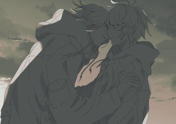 Rule 34 | 2boys, ahoge, aotsuki eito, cloud, cloudy sky, commentary request, crying, crying with eyes open, dorodorodo412, drawstring, glasses, greyscale, hand on another's arm, highres, hood, hoodie, imminent kiss, jacket, male focus, monochrome, multiple boys, short hair, sky, sleeve pouch, sumino takumi, tears, the hundred line -last defense academy-, wind, yaoi