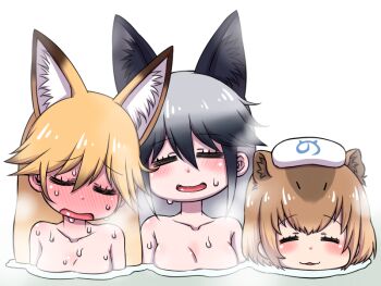 10s 3girls :3 =_= animal_ears bathing black_hair blonde_hair brown_hair capybara_(kemono_friends) capybara_ears closed_eyes ezo_red_fox_(kemono_friends) fox_ears gradient_hair hanya_(hanya_yashiki) kemono_friends multicolored_hair multiple_girls onsen open_mouth partially_submerged silver_fox_(kemono_friends) silver_hair steam sweat towel towel_on_head