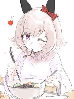 1girl animal_ears blush bow bowl breasts chopsticks curren_chan_(casual)_(umamusume) curren_chan_(umamusume) ear_bow ear_covers eating egg food food_in_mouth grey_hair hair_between_eyes heart highres holding holding_chopsticks horse_ears horse_girl inuyama_tarou long_sleeves looking_at_viewer noodles one_eye_closed purple_eyes red_bow shirt short_hair solo soup table umamusume upper_body