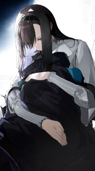 Rule 34 | 1girl, 1other, absurdres, ambiguous gender, arknights, black coat, black hairband, black skirt, brown hair, capelet, coat, doctor (arknights), grey eyes, hairband, high-waist skirt, highres, hug, inusodate, long hair, long sleeves, priestess (arknights), shirt, skirt, white capelet, white coat, white shirt