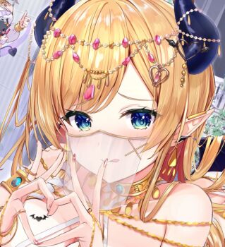 Rule 34 | 2girls, bare shoulders, black horns, black wings, blue eyes, blush, breast tattoo, breasts, closed mouth, demon girl, demon horns, demon wings, four-finger heart hands, hai 0013, heart, heart hands, hololive, horns, large breasts, mouth veil, multiple girls, pointy ears, see-through clothes, see-through veil, solo, solo focus, tattoo, thumbs up, todoroki hajime, tongue, tongue out, veil, virtual youtuber, winged heart, wings, yuzuki choco