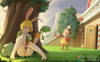 1boy 1girl against_tree animal_ears barefoot bartolomeobari blonde_hair blush carrot carrot_(one_piece) dildo feet full_body furry grass hat knees_up naughty_face one_piece open_mouth outdoors panties panty_pull patreon_logo patreon_username phallic_symbol pink_panties public_indecency pussy rabbit_ears rabbit_girl sex_toy short_hair skirt smile standing tree twitter_username uncensored underwear usopp