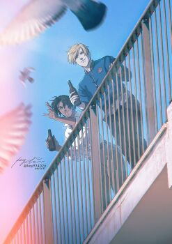 2boys against_railing beard_stubble bird black_pants blonde_hair blue_shirt blue_sky bottle brown_hair closed_mouth collared_shirt dated facial_hair from_below grey_pants highres holding holding_bottle kay924026 leon_s._kennedy looking_at_viewer luis_sera male_focus multiple_boys pants parted_bangs parted_lips railing resident_evil resident_evil_4 shirt short_hair signature sky smile stubble twitter_username waving white_shirt