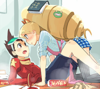1boy 1girl apron black_thighhighs blonde_hair blush book brown_hair drill_hair eyewear_on_head geo_stelar_(mega_man) gloves haruno_shuu long_hair luna_platz_(mega_man) mega_man_(series) mega_man_star_force_(series) open_mouth pink_apron red_gloves shorts thighhighs twin_drills very_long_hair